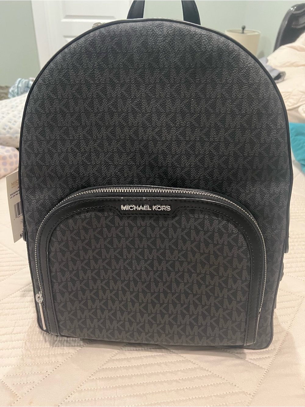 Michael Kors Men's Black MK Signature Backpack with Front Zip Pocket